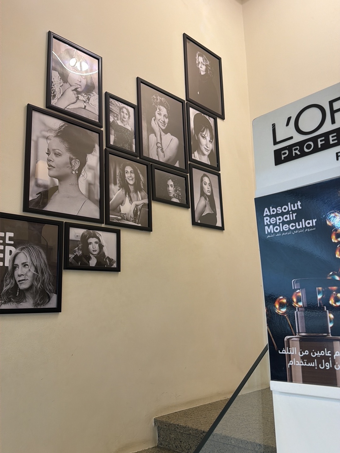 Framed portrait wall at the salon